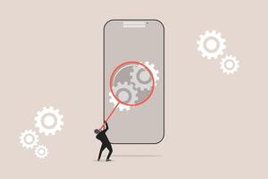 Businessman with magnifying glass to analyze cog wheels problem. concept of fix problem, Analyze, solving, and development vector