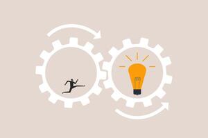 Businessman running inside gear cogs to spin lightbulb gears, concept of idea, problem solve, and creation to build new product vector