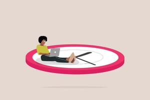 Business woman sitting on clocks, organizing time, planning tasks and scheduling. Concept of effective self organization and management control vector