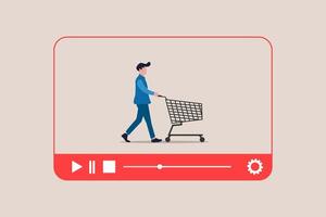 Online shopping or mobile shopping app concept, Businessman pushing shopping cart trolley running from website or app on mobile smartphone. concept of Online shopping or mobile shopping app vector