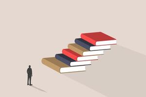 businessman standing in front the books. concept of success, education level and skill development vector