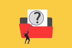 Employee uses magnifying glass search file. concept of documents, file manager, data storage and indexing vector