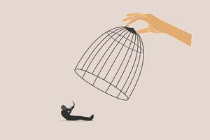 Big hand capturing businessman with birdcage. concept of Business stagnation with no growth, limitation in career development, punishment with no freedom in business vector