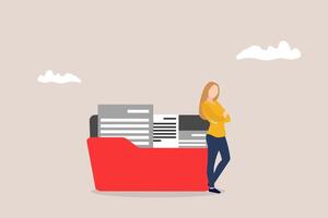 Business woman standing side files folder. concept of Workaholic, tired and exhausted from overworked, overload job vector