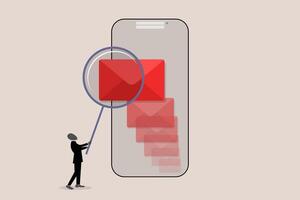 Businessman with magnifying glass scan email. concept of Email scan for cyber security, data protection, safety and protection vector