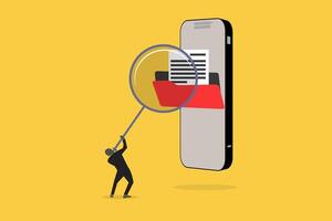 Employee uses magnifying glass search file. concept of documents, file manager, data storage and indexing vector