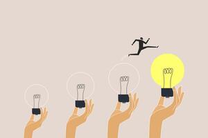 Businessman jumping on bigger lightbulb, successfully. concept of goal, achievement, advancement in career or business growth concept. Aspiration and motivation vector