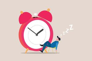 Lazy businessman sleeping beside clock, unwilling to work. concept of Wasted time and slow life vector