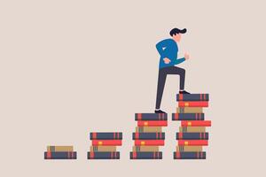 Man climbs to the top of books. concept of Education, teamwork, learning via reading, studying, self development and goal achievement vector