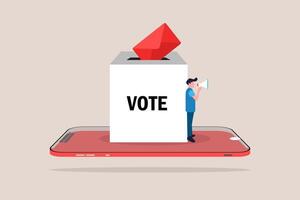 Man with megaphone the box vote. concept of Online voting, electronic voting, electoral internet system vector