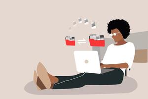 African American business woman using laptop with file transfer. FTP files receiver and backup copy. File sharing isometric and Exchange information vector
