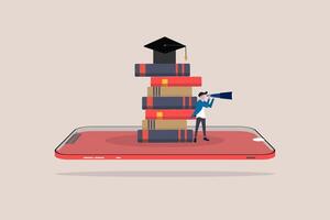 Man with telescope looking for online course. Concept distance studying, self education, digital library, and Online education vector