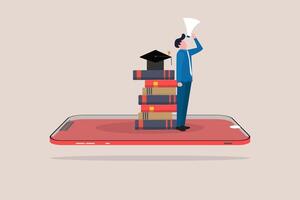 Man with megaphone looking for online course. Concept distance studying, self education, digital library, and Online education vector