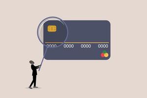 Learning e-commerce bank paying with magnifier. concept of Searching online payment e money transaction with credit card vector