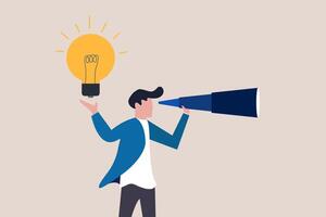 Man standing side lightbulb with telescope. Business vision, creativity and new ideas illustration concept. Symbol of Inspiration, idea, brainstorming, future, planning. Eps10 illustration. 1 vector