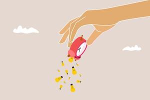 Big hand holding a clock with leaking lightbulb. concept of Inspiration, business solution, creativity and innovation to help grow business vector