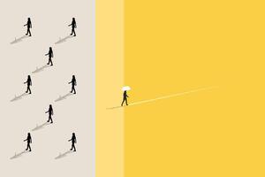 Business woman has to make decision which way to go for his success, Business team or partner go different way, Different or unique concept vector