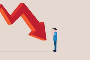 Businessman with magnifying glass look down graph. concept of economic crash, investing failure, price drop, recession, investment risk concept and market vector