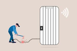 Businessman breaks free from the chain from smartphone with social media, business notifications, work flow. Open shackles vector