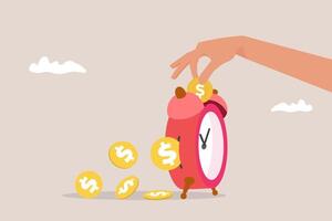 Big hand Invests money into watch to get return profit, returns from the costs that have been invested vector
