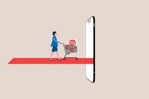 Online shopping or mobile shopping app concept, Business woman pushing shopping cart trolley running from website or app on mobile smartphone. concept of Online shopping or mobile shopping app vector