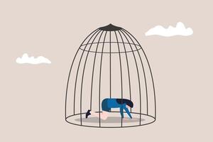 Business woman with depression and despair sitting in bird cage. concept of Business stagnation with no growth, limitation in career development, punishment with no freedom in business vector