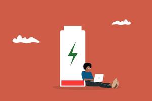 woman using computer or laptop with poor battery level. standing near big red battery symbol vector