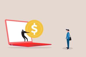Man with gold dollar out of laptop. concept of online payment, Money transfer, online banking, Send and receive financial transaction technology vector
