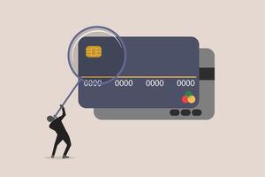 Learning e-commerce bank paying with magnifier. concept of Searching online payment e money transaction with credit card vector