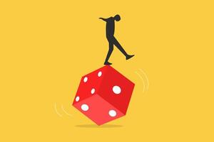 Businessman trying to balance himself on spinning unstable dice. concept of risk of Investment , uncertainty, possibility of losing money vector