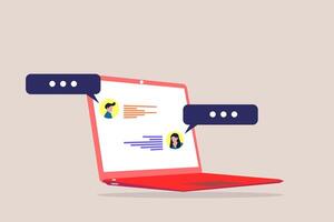 Communication laptop application chat screen concept. Happy characters using, messenger, texting messages at distance vector