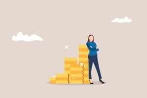 Professional businesswoman standing beside of stack of coins. concept of High salary and income, salary or multi income stream, side hustle or side gig earning, investment return vector