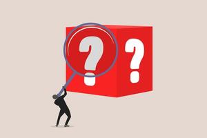Businessman analyze box marked with a question mark using a magnifying glass. concept of random or chance to win, gamble, risk management or analyze opportunity vector