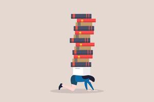 Tired female student having stress for education. Hard time in getting high score at university tests. Procrastination while writing the thesis vector