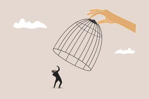 Big hand capturing businessman with birdcage. concept of Business stagnation with no growth, limitation in career development, punishment with no freedom in business vector