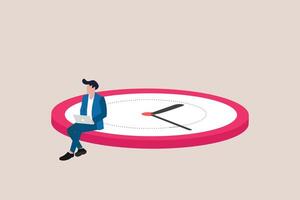 Businessman sitting on clocks, organizing time, planning tasks and scheduling. Concept of effective self organization and management control vector