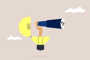 Big hand with telescope out from lightbulb. concept of Business vision, creativity and new ideas illustration. Symbol of brainstorming, future, planning. Eps10 illustration vector