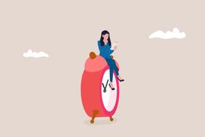 Business woman sitting on clocks, organizing time, planning tasks and scheduling. Concept of effective self organization and management control vector
