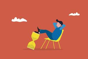 Businessman relax on the time running clock dreaming about money. concept of wasting time, slow living, and low productivity or efficiency vector