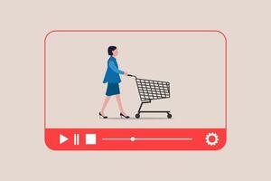 Online shopping or mobile shopping app concept, Business woman pushing shopping cart trolley running from website or app on mobile smartphone. concept of Online shopping or mobile shopping app. 2 vector