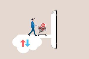 Online shopping or mobile shop app concept, Businessman pushing shopping cart trolley running from website or app on mobile smartphone. concept of Online shopping or mobile shopping app vector
