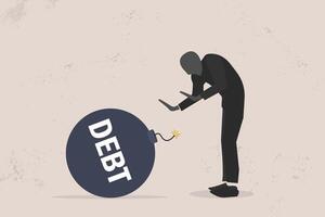 Businessman afraid from exploding percentage bomb. concept of Inflation or interest rate causing economic recession, tax or loan payment trouble, and stock market vector