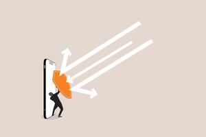 Businessman hold shield on mobile phone protect cyber attack. concept of security, safety computer network, protect online, and digital privacy vector