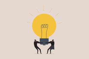 Businessman and business woman join or combine lightbulb idea for best result. concept of idea, synergy or collaborate to get solution, and teamwork vector