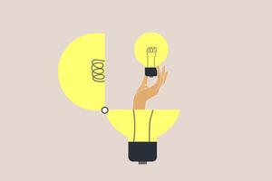 Hand find idea from lightbulb. concept of solution, best result or outcome, search new innovation, opportunity vector