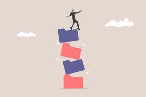 Employee standing on file folder stack shaking. concept of Workaholic, tired and exhausted from overworked, overload job vector