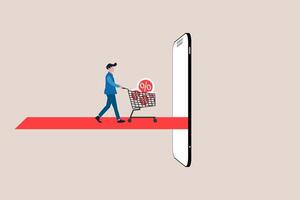 Online shopping or mobile shopping app concept, Businessman pushing shopping cart trolley running from website or app on mobile smartphone. concept of Online shopping or mobile shopping app vector