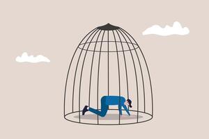 Businessman with depression and despair sitting in bird cage. concept of Business stagnation with no growth, limitation in career development, punishment with no freedom in business vector
