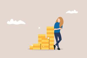 young woman working with mobile phone standing side heap of dollar coin. concept of Online business making money, salary or multi income stream, side hustle or side gig earning, investment return vector
