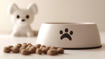 A trendy dog food bowl with a paw print pattern, filled with highquality kibble, and an adorable toy dog in the background adds charm, making it lively and inviting for any canine photo